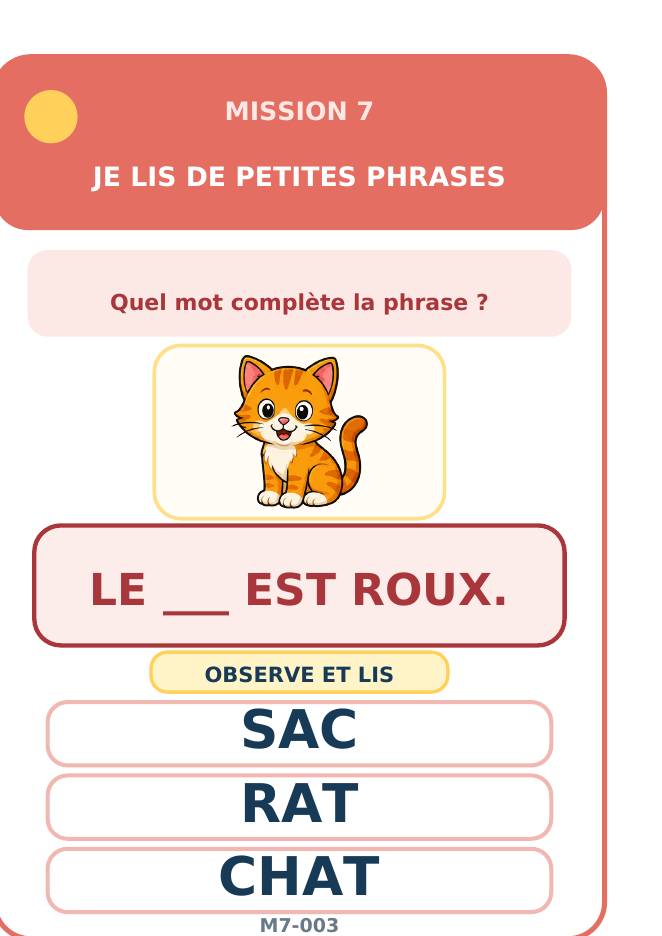 Carte Mission 7: Je lis mes premières phrases