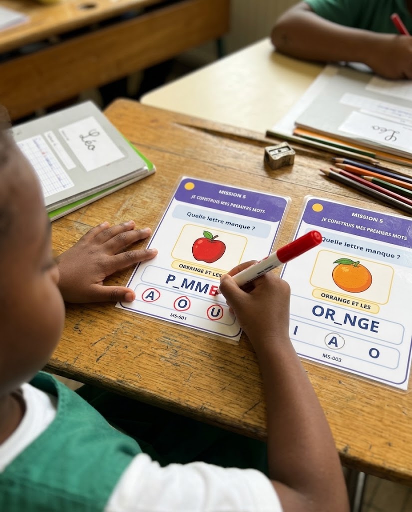 Enfant utilisant une carte plastifiée Mission Lecture sur la table